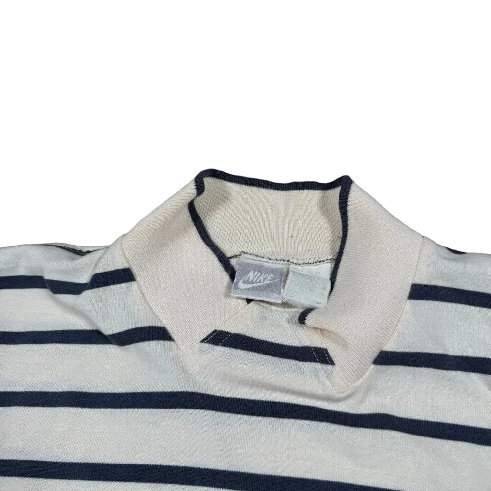Vintage Nike‎ Gray Tag Striped Collared T-Shirt w Pocket Sz L in Cream, Navy